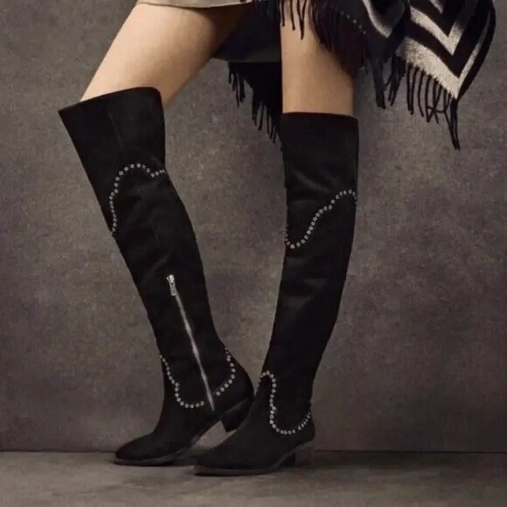 FRYE‎ Boots Womens 6.5 Black Over The Knee Suede Leather Ray Grommet Studded